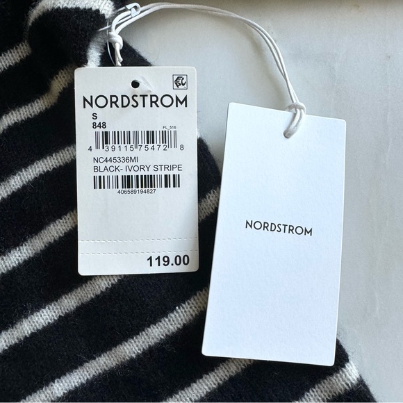 Nordstrom Cashmere Essential V-Neck Sweater Black and White Stripe Sz S - Picture 6 of 11